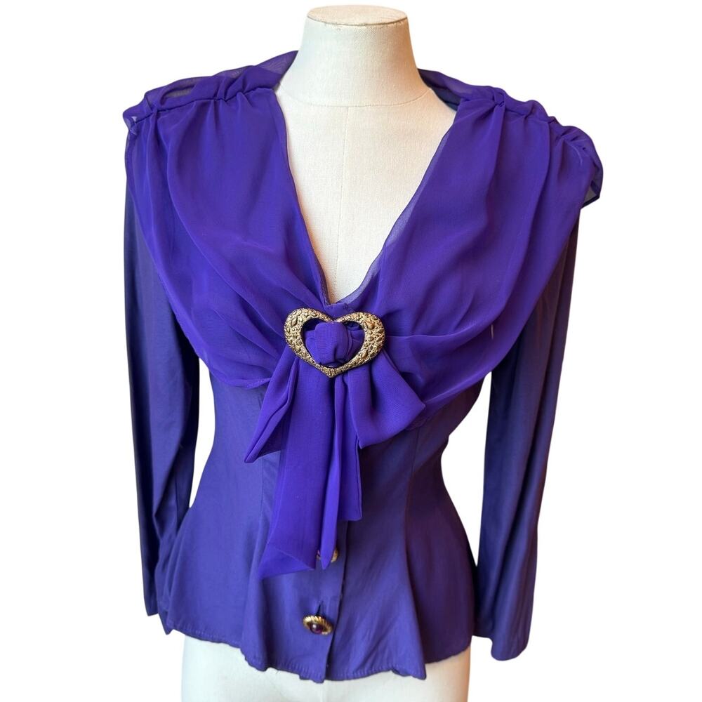Vintage 80s 90s Knapp Studio Purple Blouse Chiffon Draped Top Gold Heart Buckle